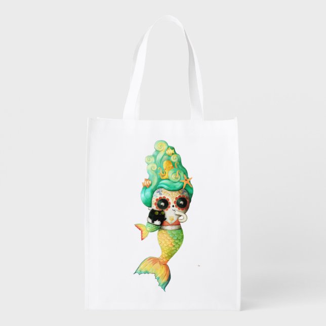 The Day of The Dead Mermaid Girl Reusable Grocery Bag (Back)