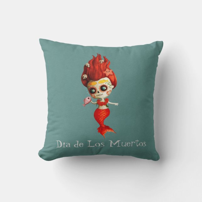 The Day of The Dead Mermaid Throw Pillow (Front)