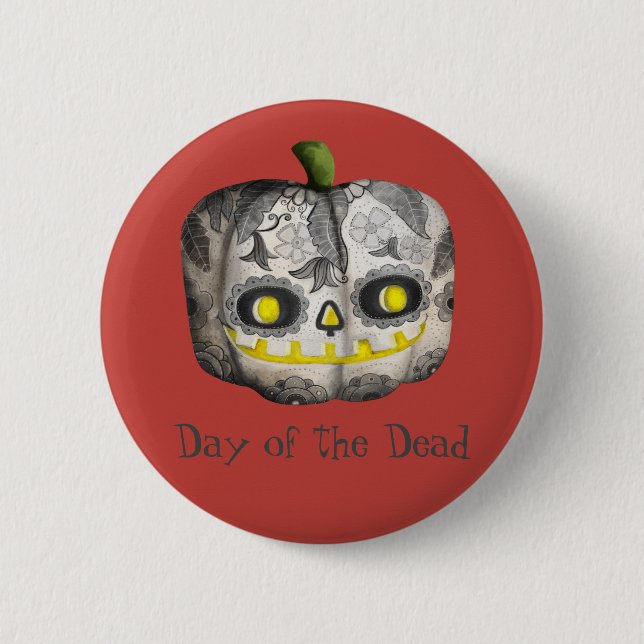 The Day of The Dead Pumpkin Sugar Skull Pinback Button (Front)