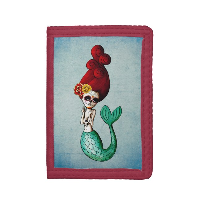The Day of The Dead Red Hair Mermaid Tri-fold Wallet (Front Vertical)