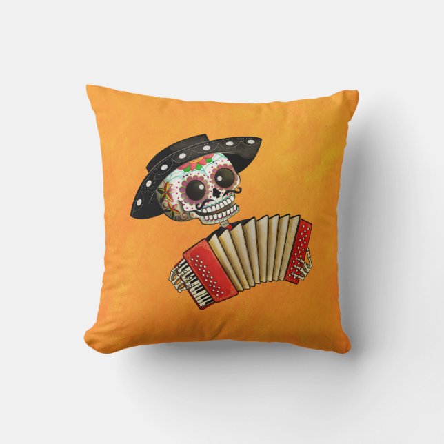 The Day of The Dead Skeleton El Mariachi Throw Pillow (Front)