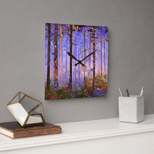 The Deer’s Secret Path - Wide Woodland Landscape Square Wall Clock