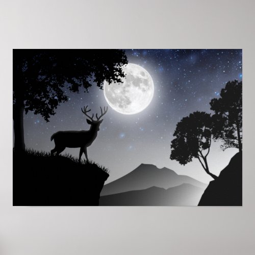 The deer under the black and white moon poster