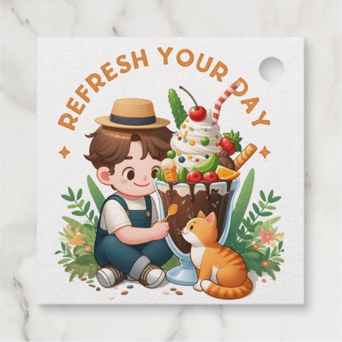 The delightful duo a boy his cat and an ice cream foil favor tags