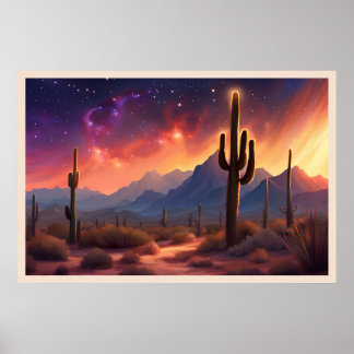 The Desert at Dusk Sequoia Cactus Colorful Art Poster