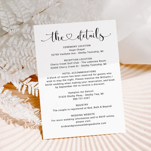 The Details Black Heart Script Wedding Information Enclosure Card