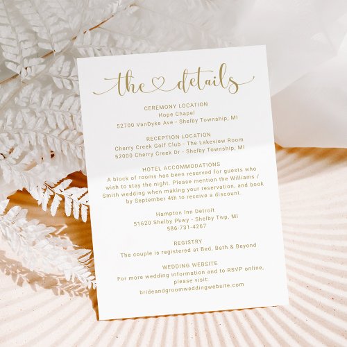 The Details Gold Heart Script Wedding Information Enclosure Card