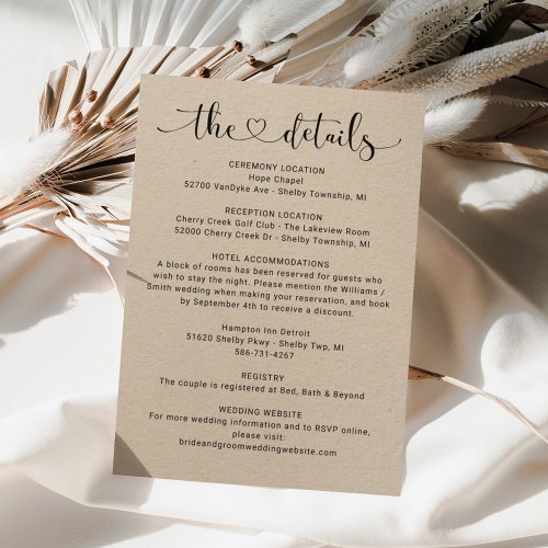 The Details Kraft Heart Script Wedding Information Enclosure Card