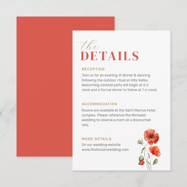 The Details Poppy Wildflower Red Bright Wedding  Enclosure Card (Front/Back)