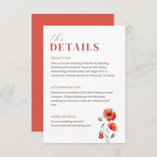 The Details Poppy Wildflower Red Bright Wedding  Enclosure Card