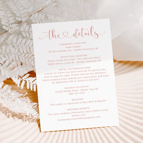 The Details Rose Gold Script Wedding Information Enclosure Card