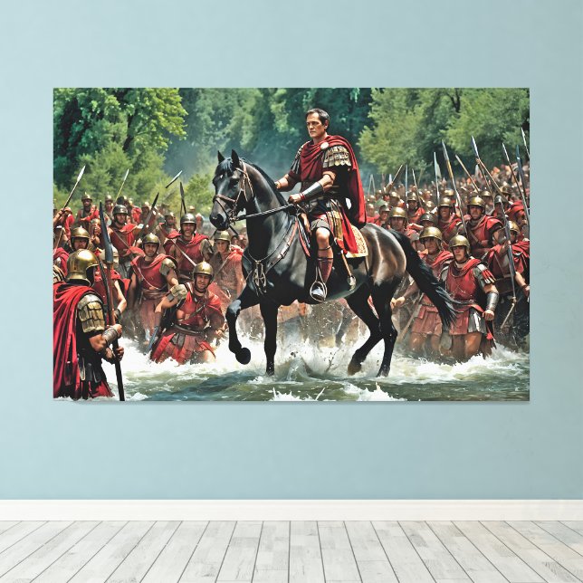 "The Die is Cast: Caesar's Rubicon Challenge" Canvas Print (Insitu(Wood Floor))