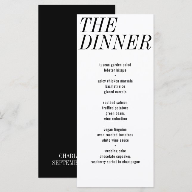 The Dinner Unique Black White Typography Wedding Menu (Front/Back)