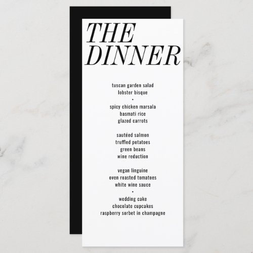 The Dinner Unique Black White Typography Wedding Menu