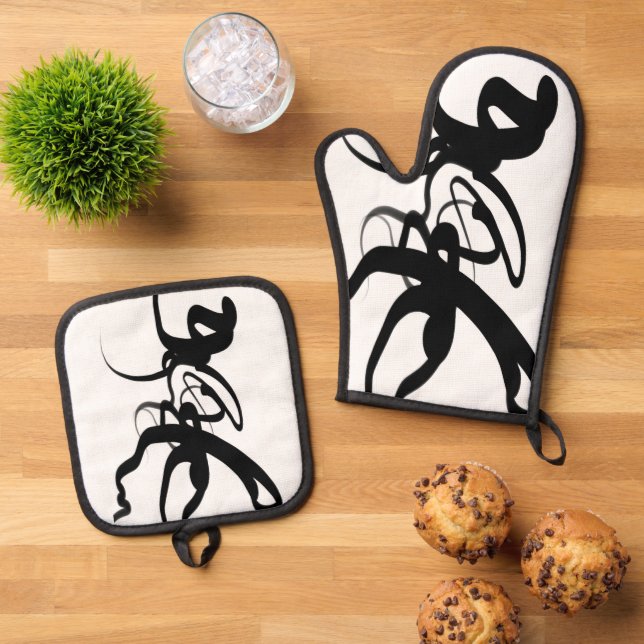 The Divers: Abstract Black & White Oven Mitt & Pot Holder Set (Top Down)