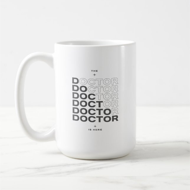 The Doctor Is Here Minimal Text Design Coffee Mug (Left)