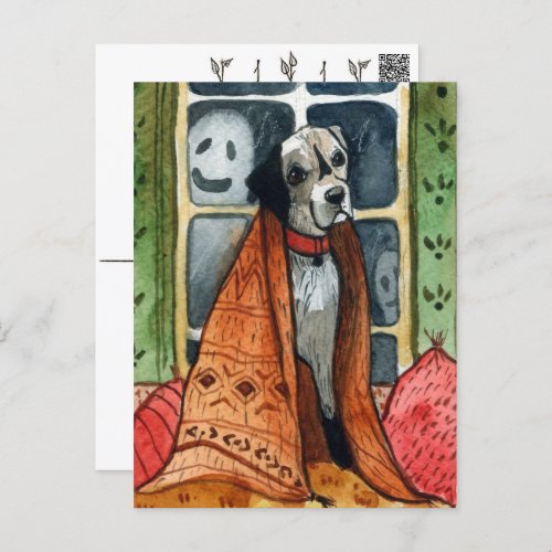 The dog in the haunting house Halloween Postcard