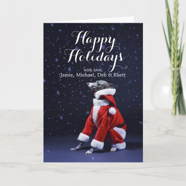 The dog sits putting on Father Christmas Holiday Card (Front)