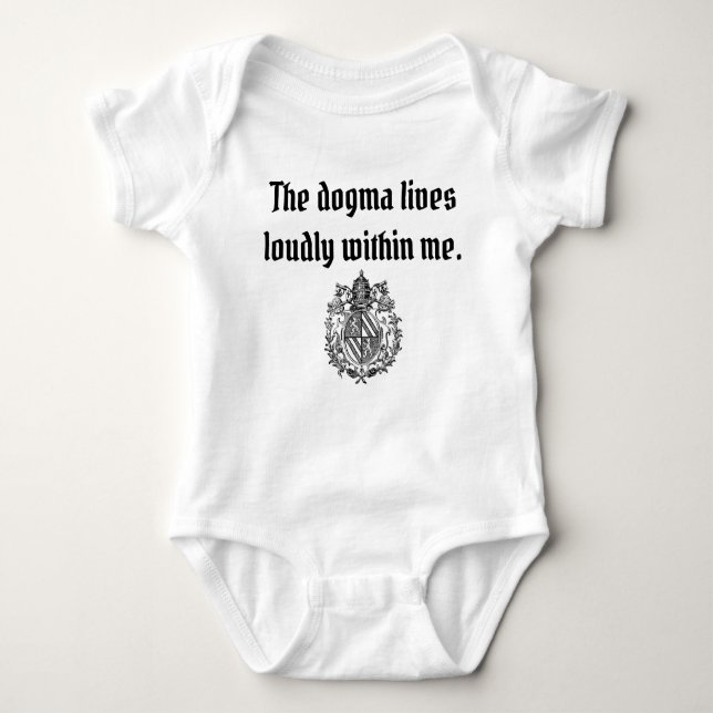 The dogma lives loudly coat of arms baby bodysuit (Front)