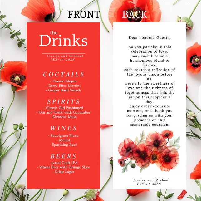 The DRINK menu card Scarlet Petal Serenade  (The DRINK menu card Scarlet Petal Serenade with beautiful red poppies flower.)