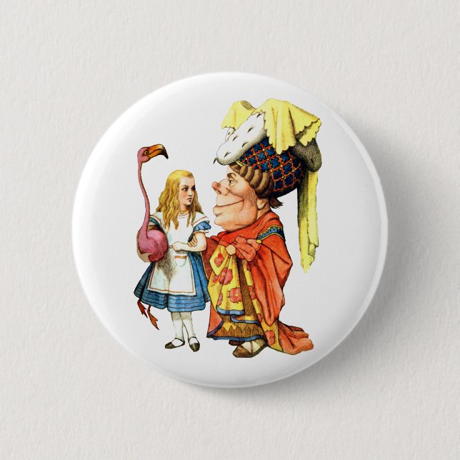 THE DUCHESS TEACHES ALICE FLAMINGO CROQUET PINBACK BUTTON (Front)