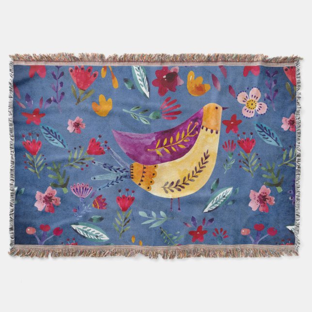 The Early Bird in Flower Garden Throw Blanket (Front)