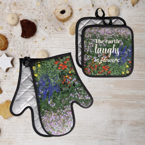 The Earth Laughs in Flowers Garden Quote Oven Mitt  Pot Holder Set