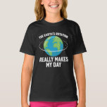 The Earth's rotation makes my day fun science  T-Shirt<br><div class="desc">This fun word pun t-shirt features a lovely illustration of our planet with the wording "The Earth's rotation really makes my day" in a white all-caps font and makes the perfect outfit on Earth Day and every day to raise awareness about environmental protection and to honor our Planet Earth.</div>