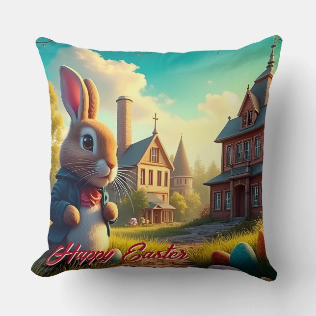 The Easter Bunny on a Secret Mission Throw Pillow (Front)