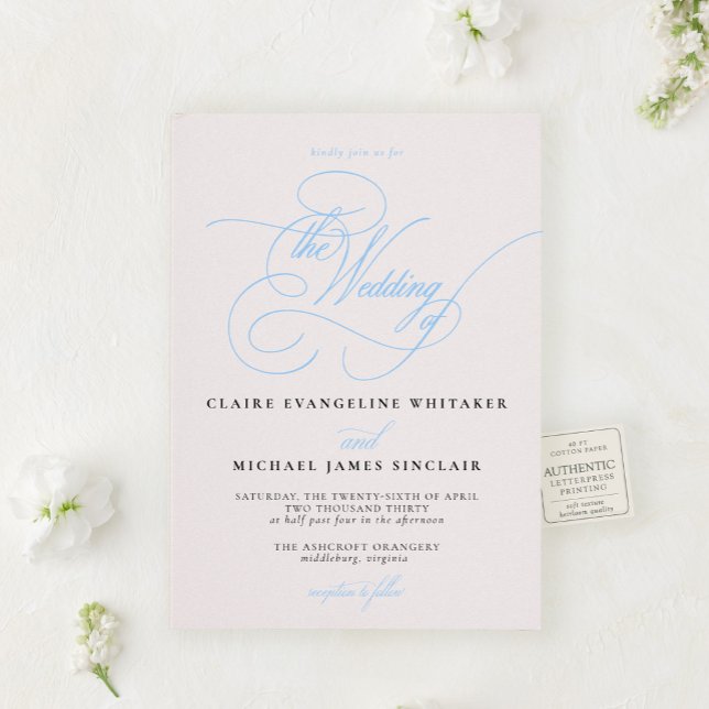 The Écriture Suite | Romantic Blue Script Wedding Letterpress Invitation (Inspired by the romance of handwritten letters and timeless French elegance.)