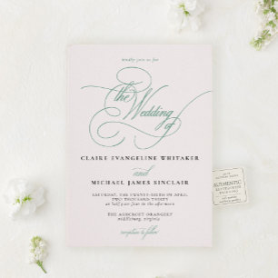The Écriture Suite   Romantic Green Script Wedding Letterpress Invitation