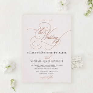The Écriture Suite Romantic Taupe Script Wedding Letterpress Invitation