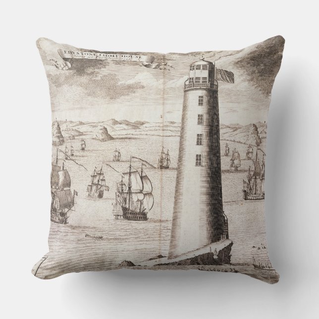 The Eddystone Lighthouse, engraved by Hendrick Hul Throw Pillow (Front)