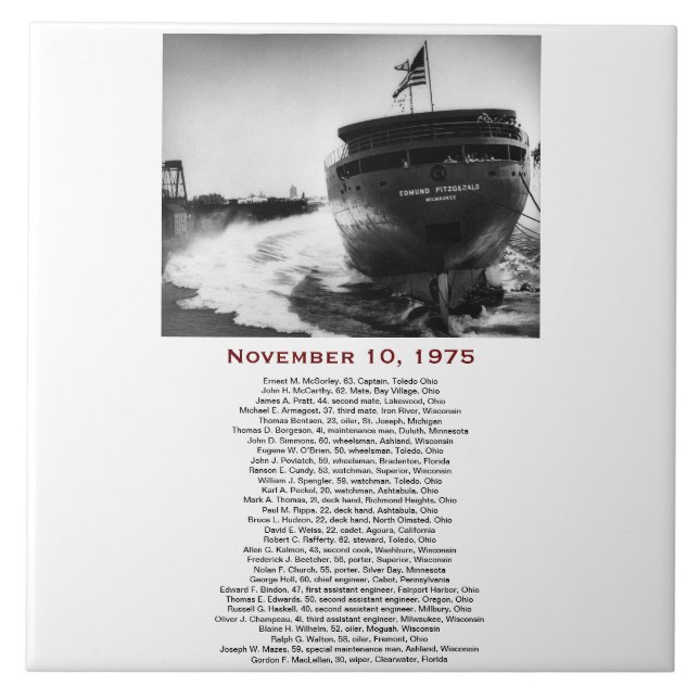 The Edmund Fitzgerald with Crew Names Ceramic Tile (Front)
