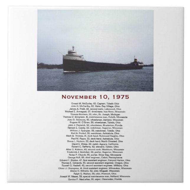 The Edmund Fitzgerald with Crew Names Ceramic Tile (Front)