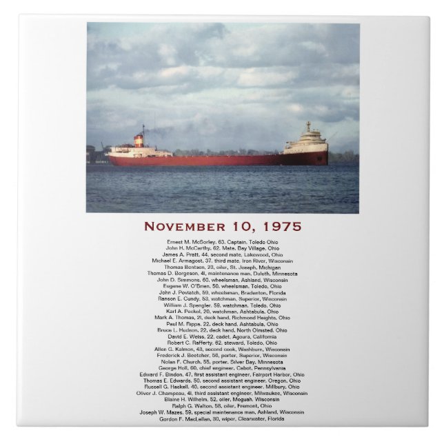 The Edmund Fitzgerald with Crew Names Ceramic Tile (Front)