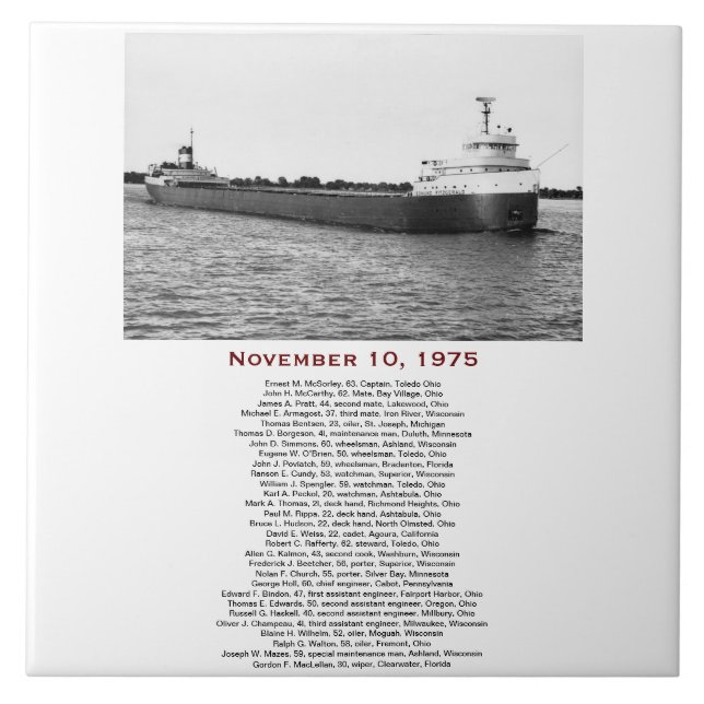 The Edmund Fitzgerald with Crew Names Ceramic Tile (Front)