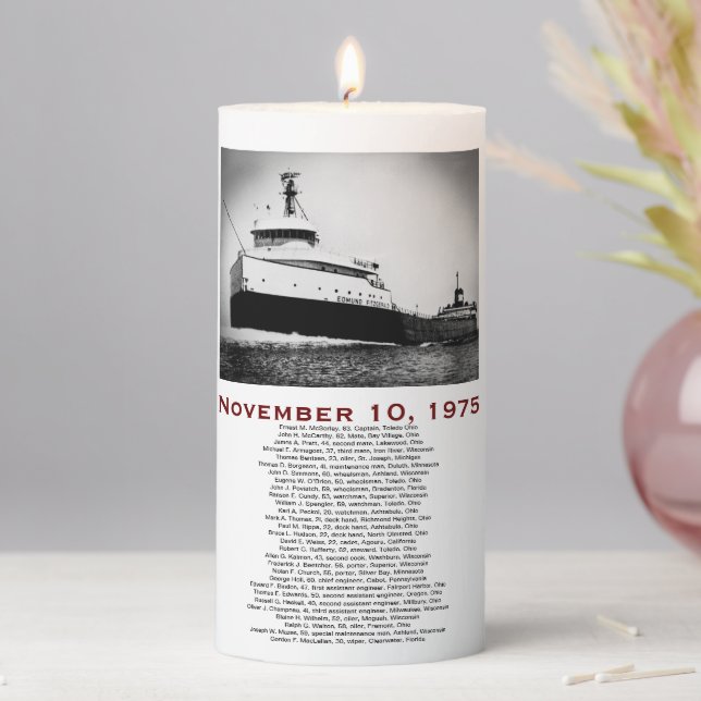 The Edmund Fitzgerald with Crew Names Mug Pillar Candle (In Situ)