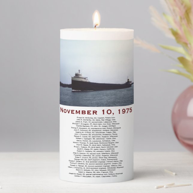 The Edmund Fitzgerald with Crew Names Mug Pillar Candle (In Situ)