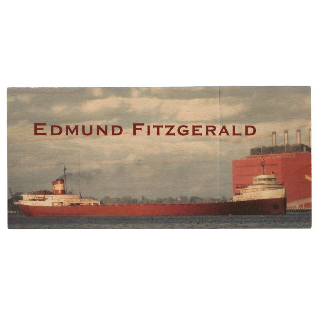 The Edmund Fitzgerald with Crew Names Wood Flash Drive (Front)