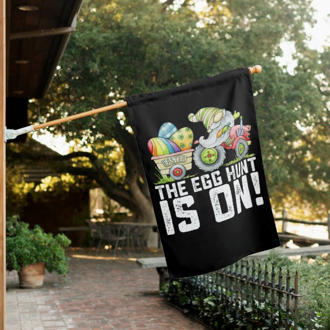 The Egg Hunt Is On Gnome Funny Easter House Flag (In SItu)