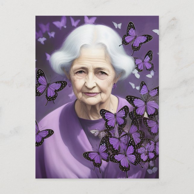 The elder woman and purple butterflies postcard (Front)