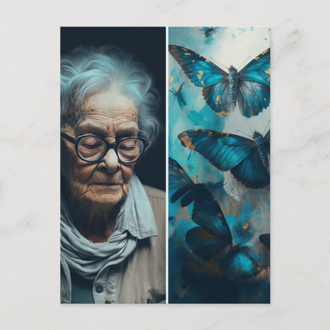 The Elderly Woman With Blue Butterflies Postcard (Front)