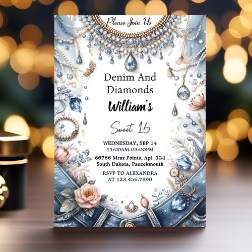 The Elegant Gem Bling Denim And Diamonds Sweet 16 Invitation