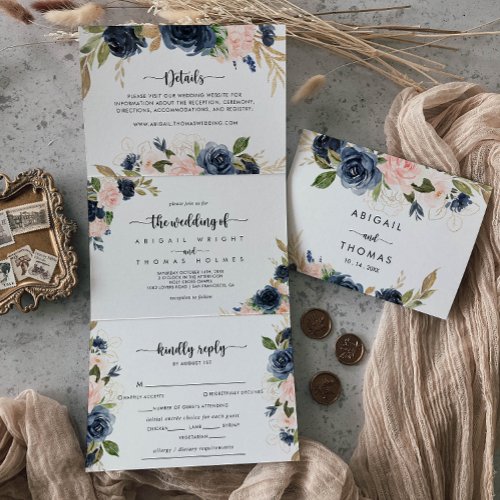 The Elegant Gold Blue Floral Wedding of  Tri_Fold Invitation