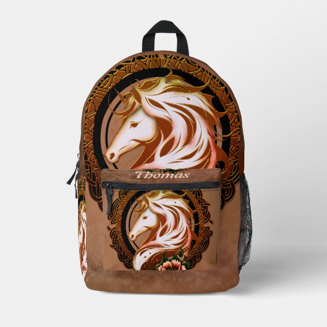 The Elegant Horse Head Adorned with Flowers. Printed Backpack (Front)