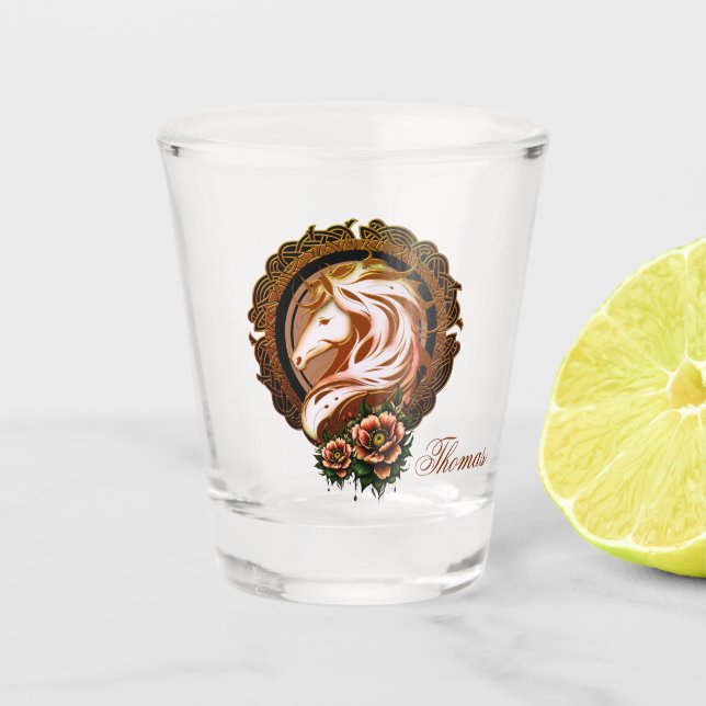 The Elegant Horse Head Adorned with Flowers. Shot Glass (Front)