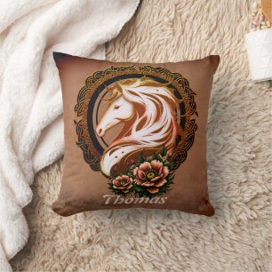 The Elegant Horse Head Adorned with Flowers. Throw Pillow
