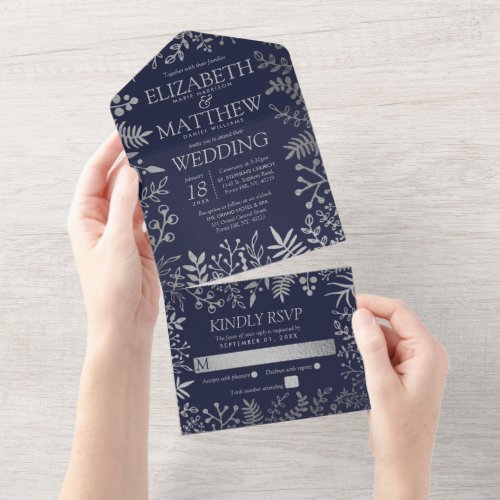 The Elegant Navy  Gold Floral Wedding Collection All In One Invitation