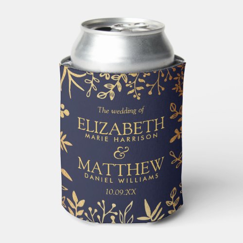 The Elegant Navy  Gold Floral Wedding Collection Can Cooler